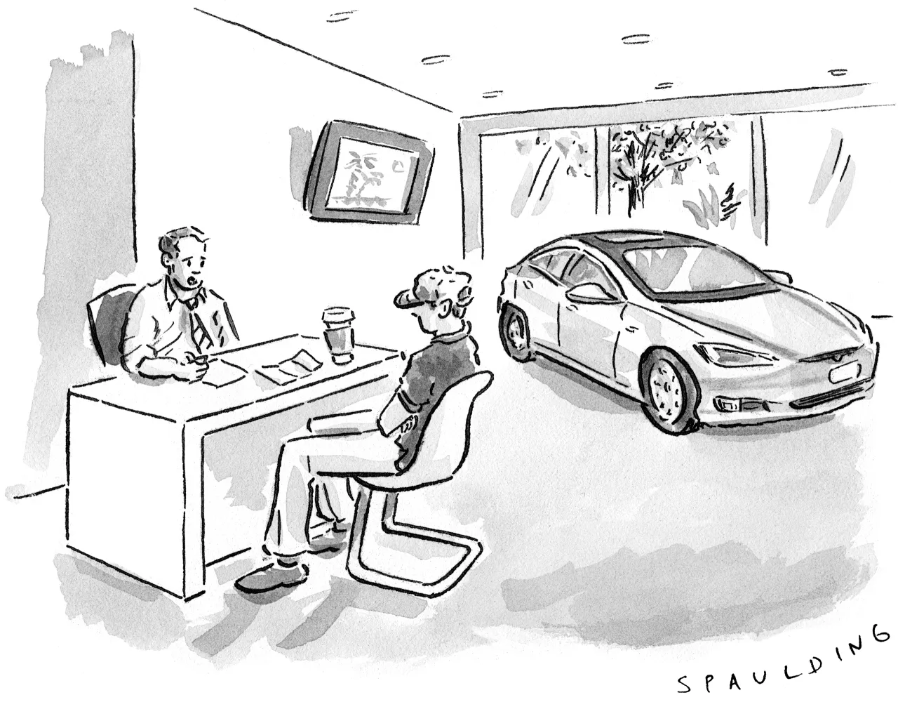 Teckning av en bilförsäljare och en kund